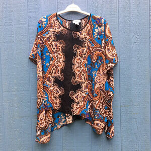 Carmen Marc Valvo Women's Size XL Semi Sheer Boho Printed Blouse